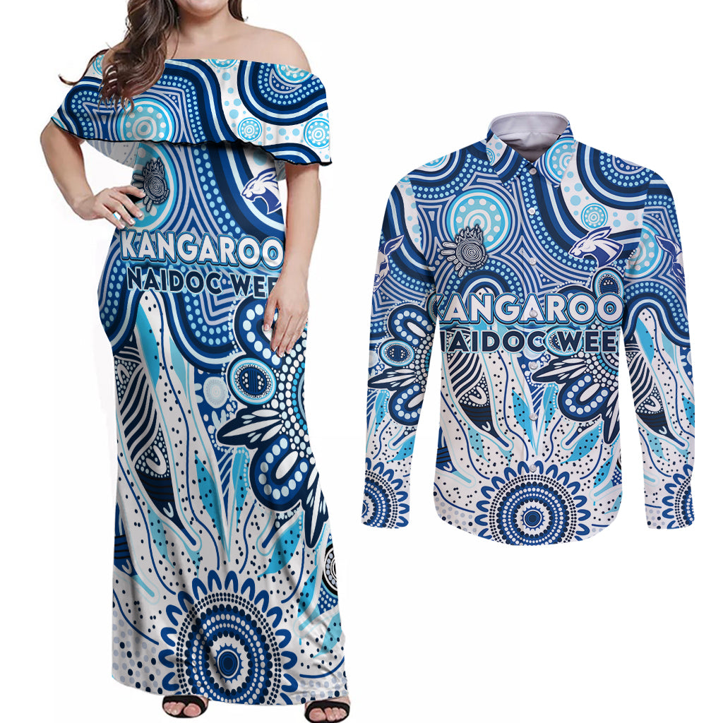 Personalised Kangaroos NAIDOC Week 2024 Couples Matching Off Shoulder Maxi Dress and Long Sleeve Button Shirt Aussie Aboriginal Art