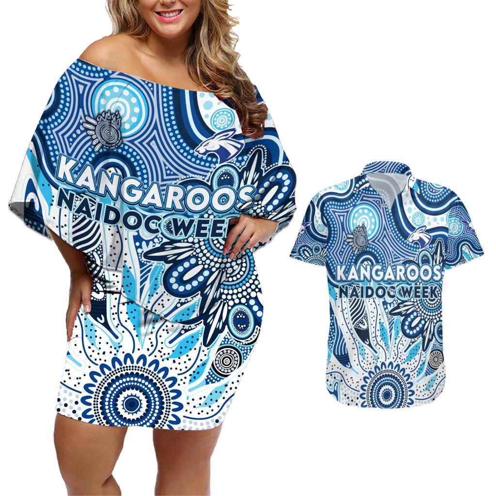 Personalised Kangaroos NAIDOC Week 2024 Couples Matching Off Shoulder Short Dress and Hawaiian Shirt Aussie Aboriginal Art