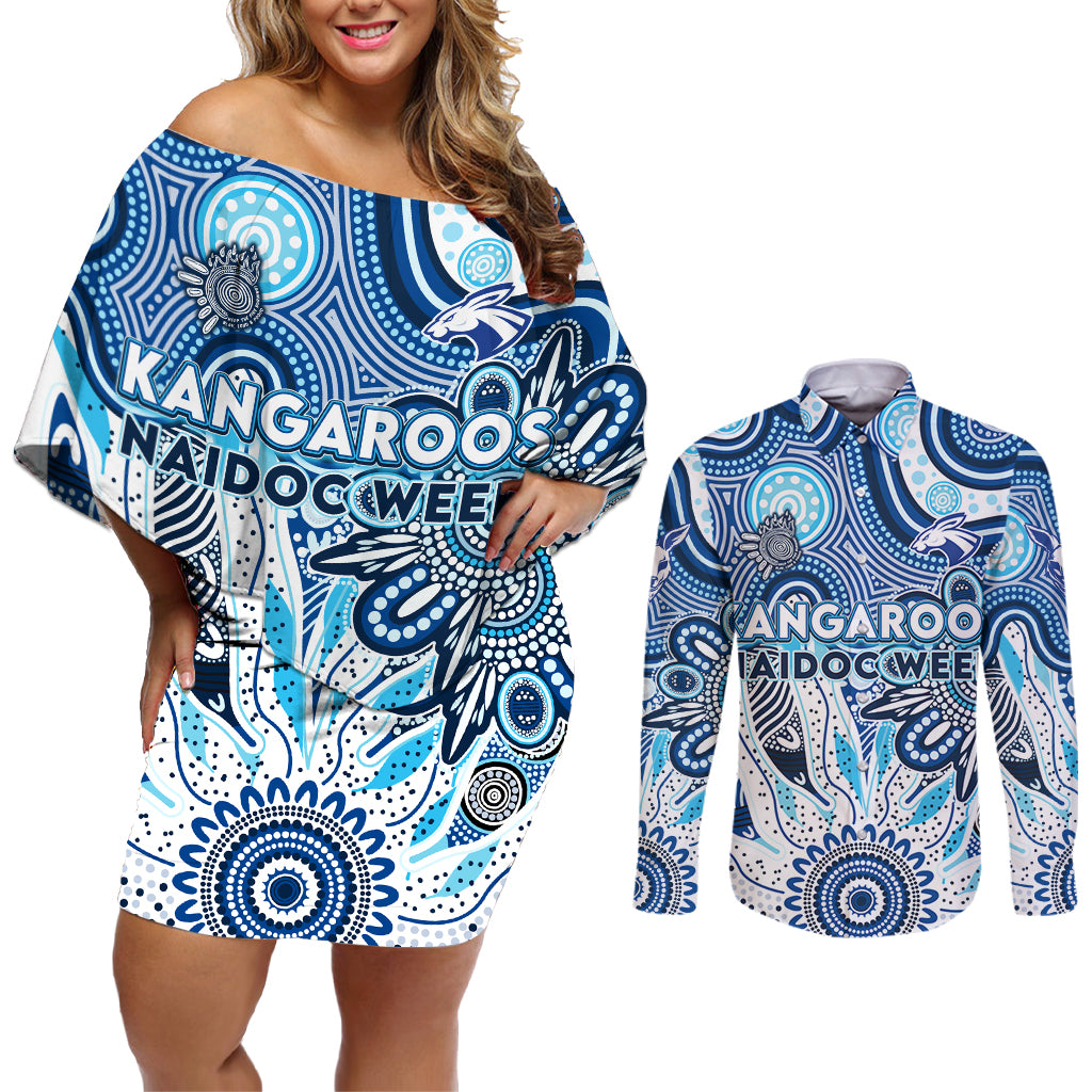 Personalised Kangaroos NAIDOC Week 2024 Couples Matching Off Shoulder Short Dress and Long Sleeve Button Shirt Aussie Aboriginal Art