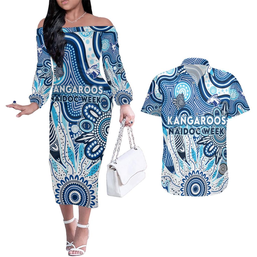 Personalised Kangaroos NAIDOC Week 2024 Couples Matching Off The Shoulder Long Sleeve Dress and Hawaiian Shirt Aussie Aboriginal Art