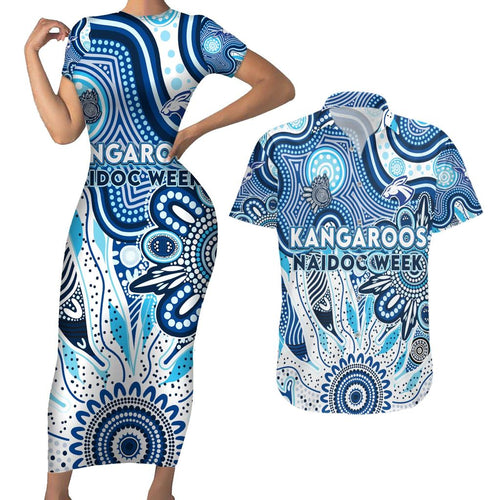 Personalised Kangaroos NAIDOC Week 2024 Couples Matching Short Sleeve Bodycon Dress and Hawaiian Shirt Aussie Aboriginal Art