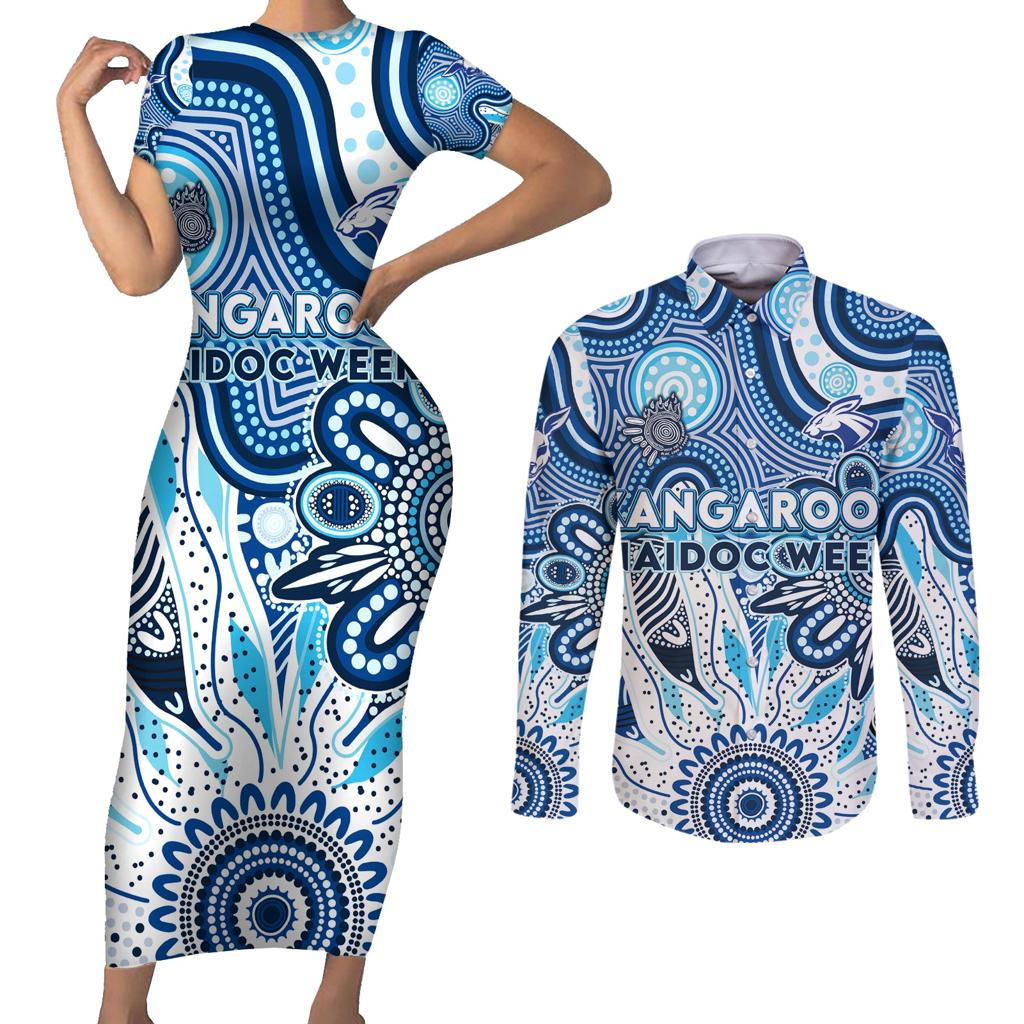 Personalised Kangaroos NAIDOC Week 2024 Couples Matching Short Sleeve Bodycon Dress and Long Sleeve Button Shirt Aussie Aboriginal Art