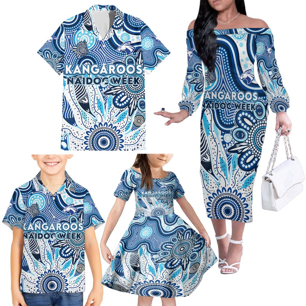 Personalised Kangaroos NAIDOC Week 2024 Family Matching Off The Shoulder Long Sleeve Dress and Hawaiian Shirt Aussie Aboriginal Art