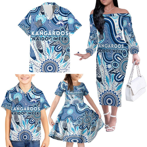Personalised Kangaroos NAIDOC Week 2024 Family Matching Off The Shoulder Long Sleeve Dress and Hawaiian Shirt Aussie Aboriginal Art