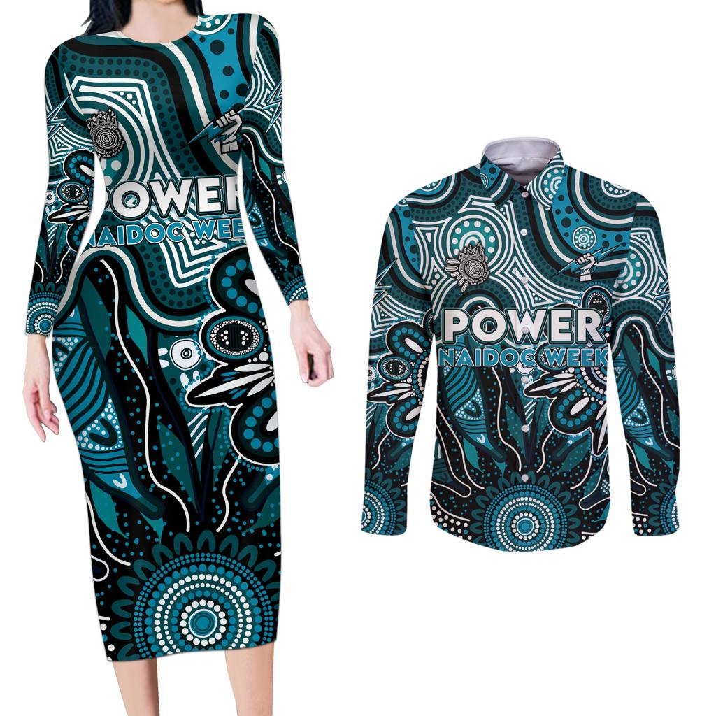 Personalised Power NAIDOC Week 2024 Couples Matching Long Sleeve Bodycon Dress and Long Sleeve Button Shirt Aussie Aboriginal Art