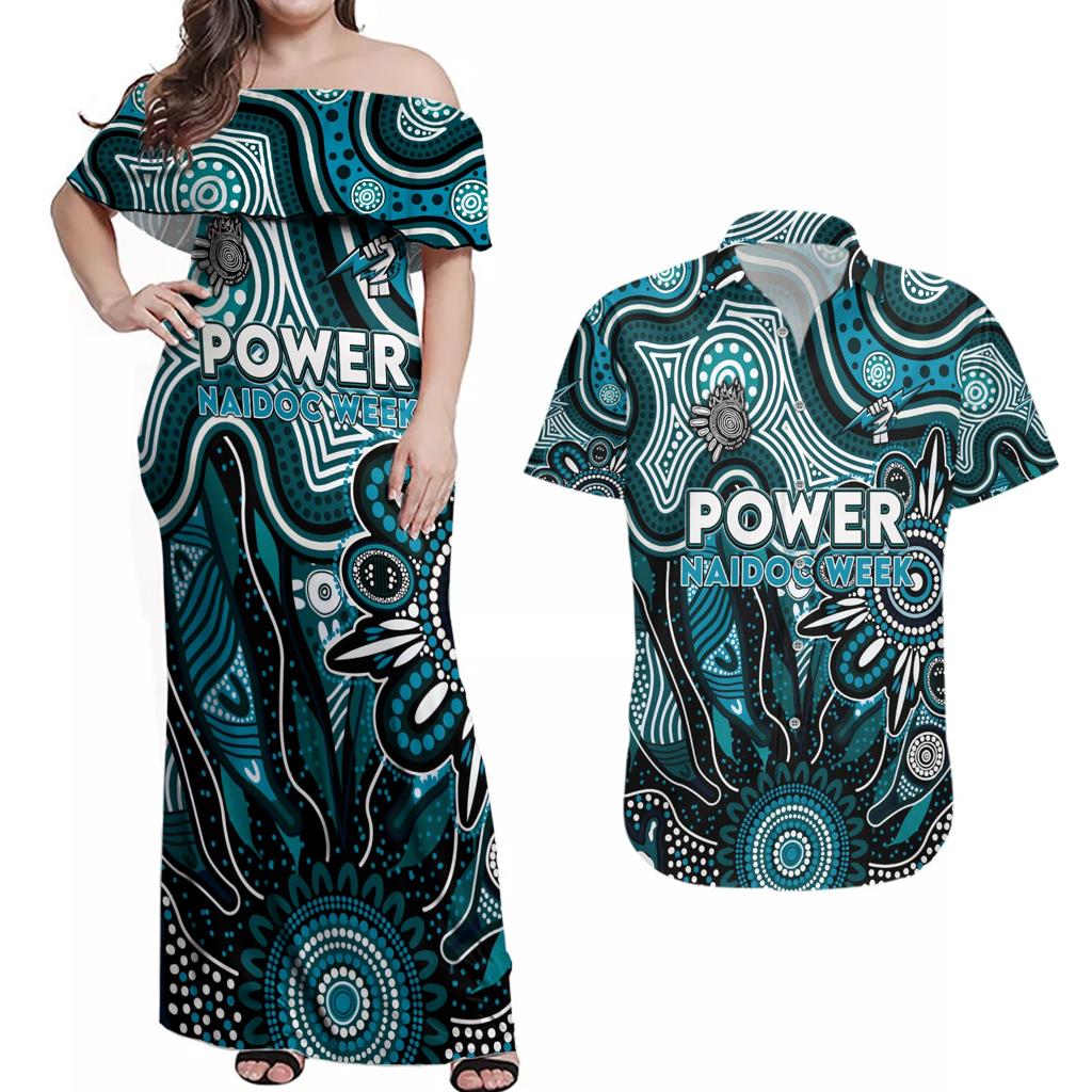 Personalised Power NAIDOC Week 2024 Couples Matching Off Shoulder Maxi Dress and Hawaiian Shirt Aussie Aboriginal Art