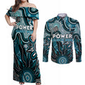 Personalised Power NAIDOC Week 2024 Couples Matching Off Shoulder Maxi Dress and Long Sleeve Button Shirt Aussie Aboriginal Art