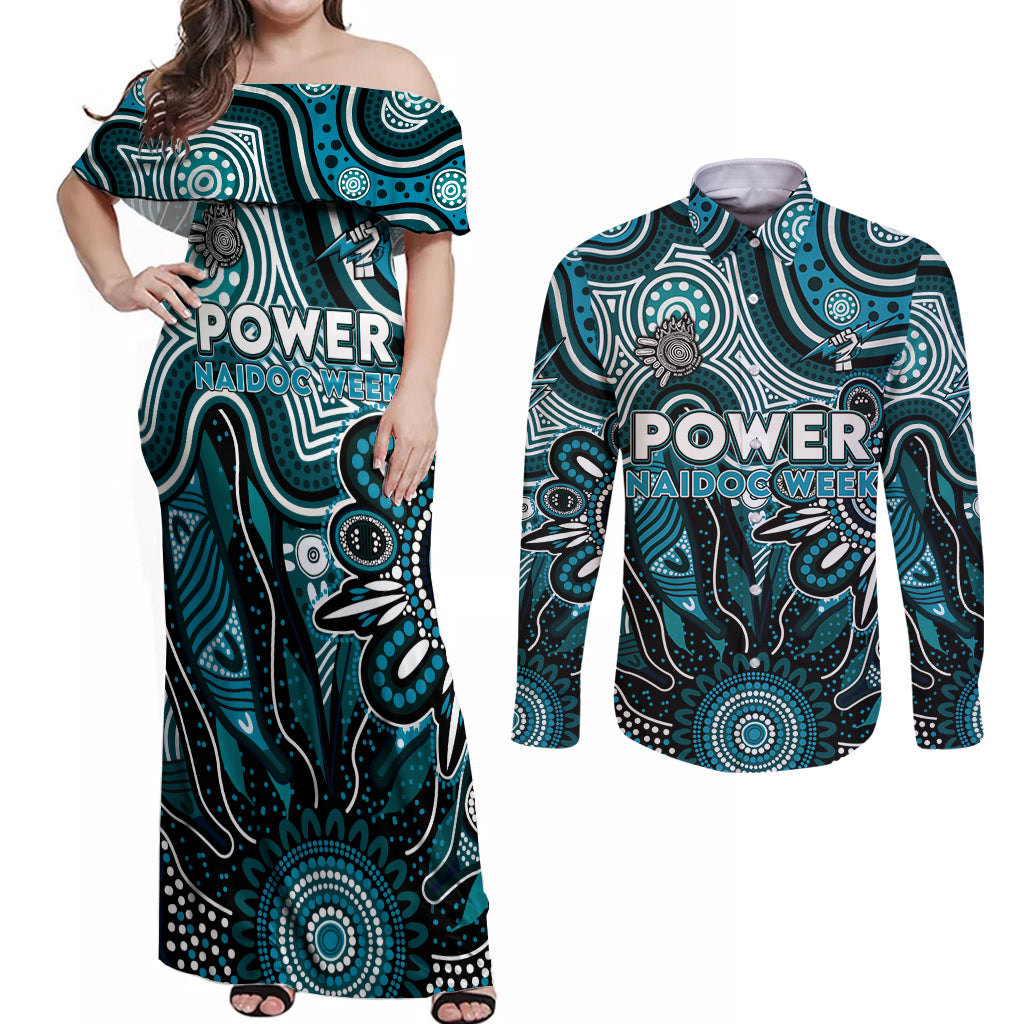 Personalised Power NAIDOC Week 2024 Couples Matching Off Shoulder Maxi Dress and Long Sleeve Button Shirt Aussie Aboriginal Art