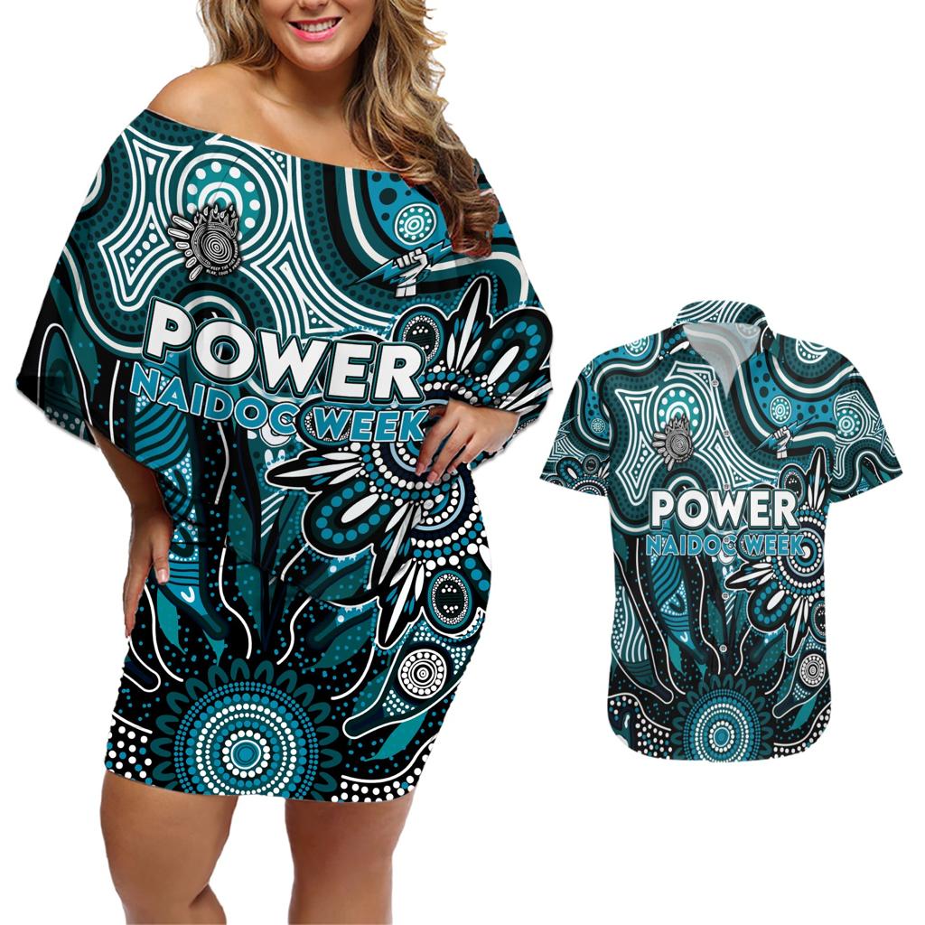 Personalised Power NAIDOC Week 2024 Couples Matching Off Shoulder Short Dress and Hawaiian Shirt Aussie Aboriginal Art