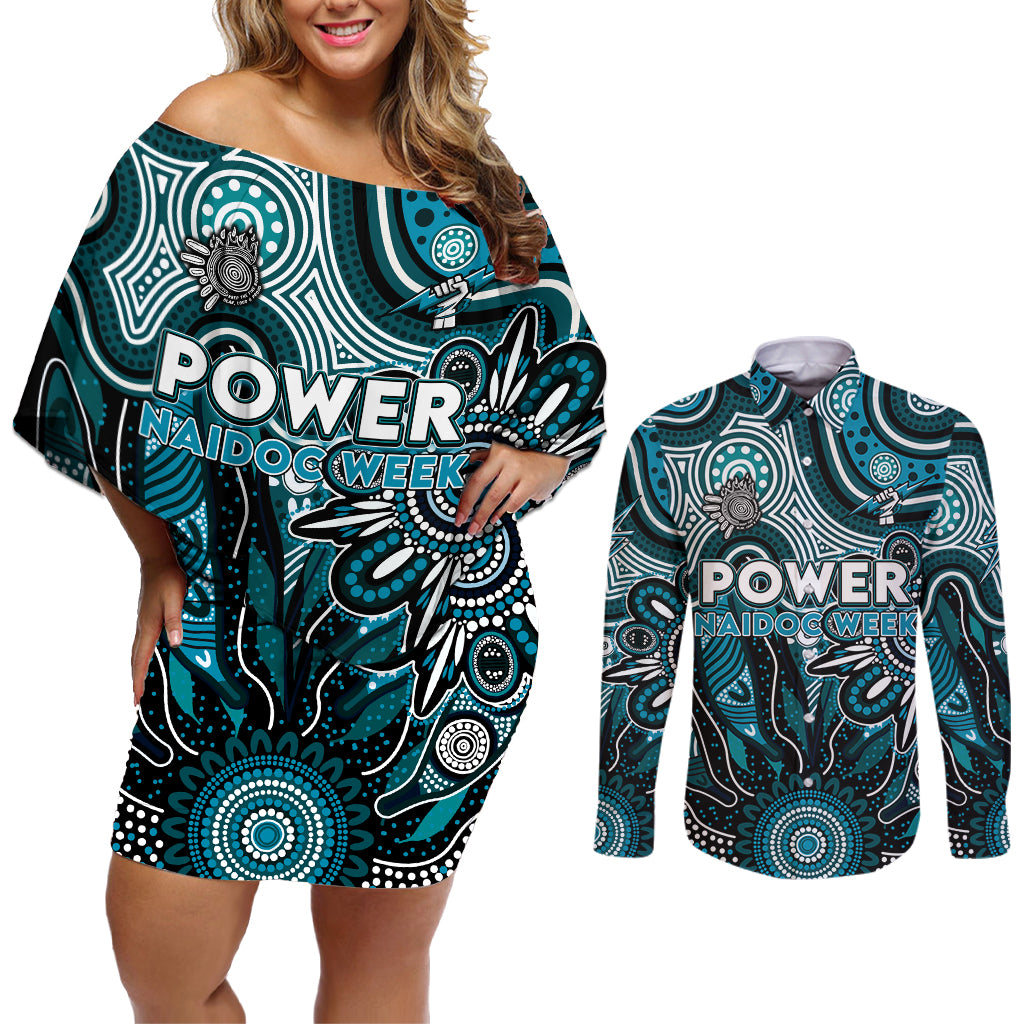 Personalised Power NAIDOC Week 2024 Couples Matching Off Shoulder Short Dress and Long Sleeve Button Shirt Aussie Aboriginal Art
