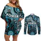 Personalised Power NAIDOC Week 2024 Couples Matching Off Shoulder Short Dress and Long Sleeve Button Shirt Aussie Aboriginal Art