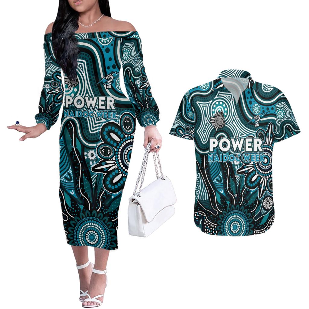 Personalised Power NAIDOC Week 2024 Couples Matching Off The Shoulder Long Sleeve Dress and Hawaiian Shirt Aussie Aboriginal Art