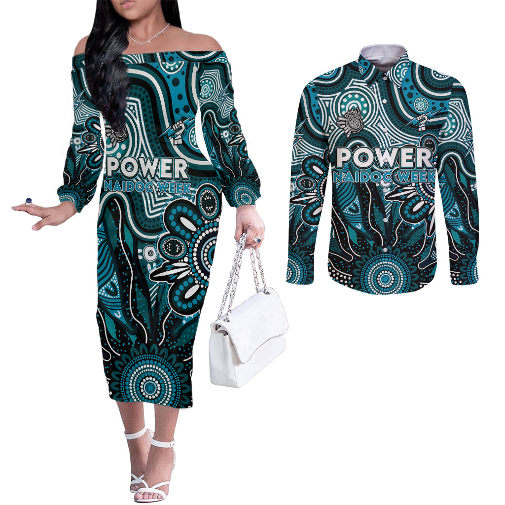 Personalised Power NAIDOC Week 2024 Couples Matching Off The Shoulder Long Sleeve Dress and Long Sleeve Button Shirt Aussie Aboriginal Art