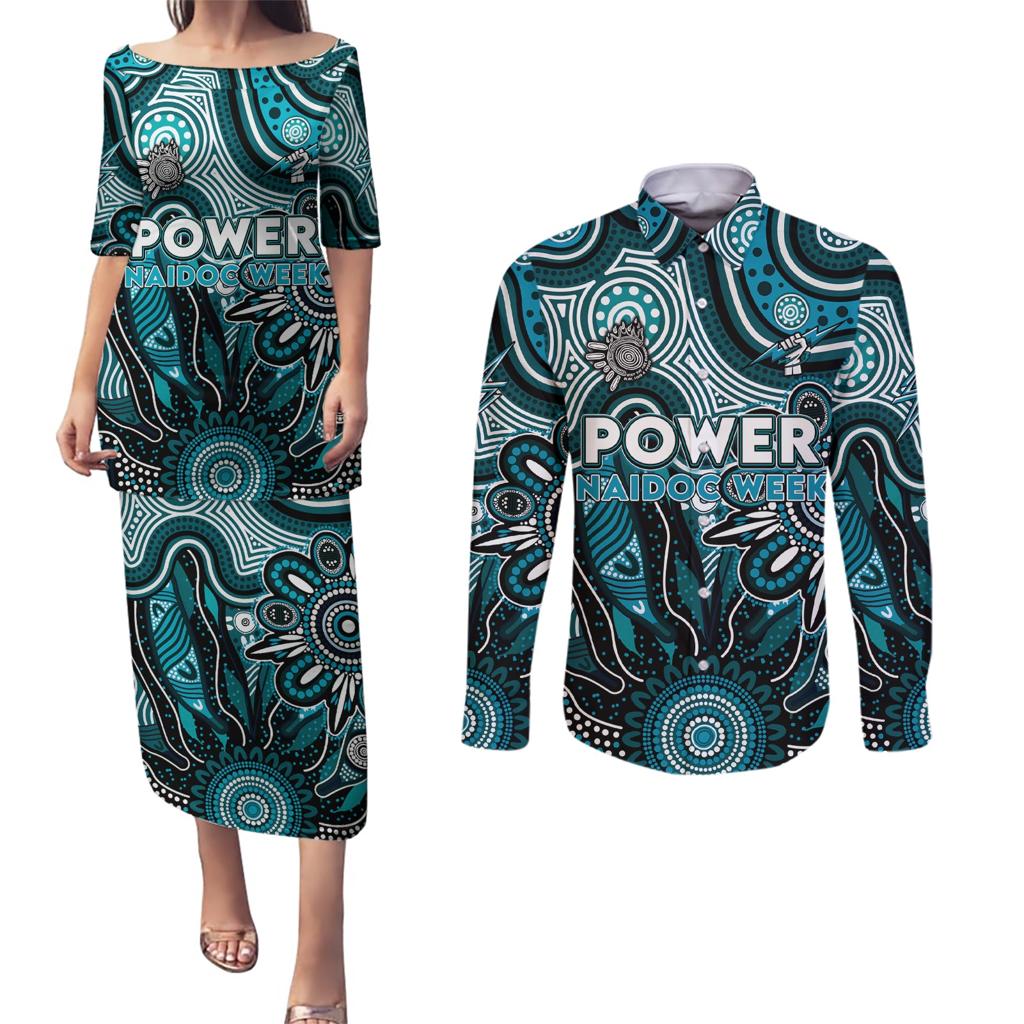Personalised Power NAIDOC Week 2024 Couples Matching Puletasi and Long Sleeve Button Shirt Aussie Aboriginal Art
