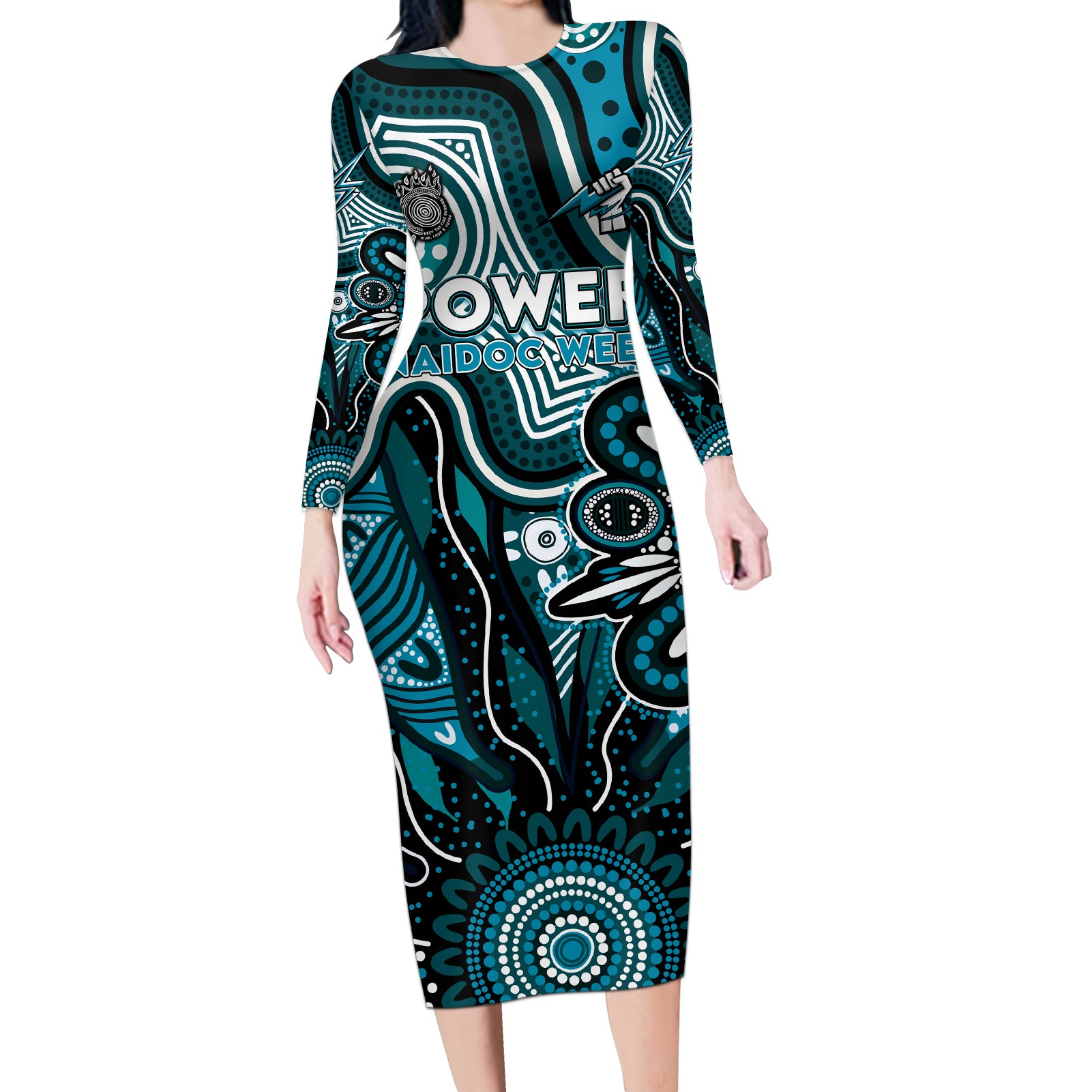 Personalised Power NAIDOC Week 2024 Long Sleeve Bodycon Dress Aussie Aboriginal Art