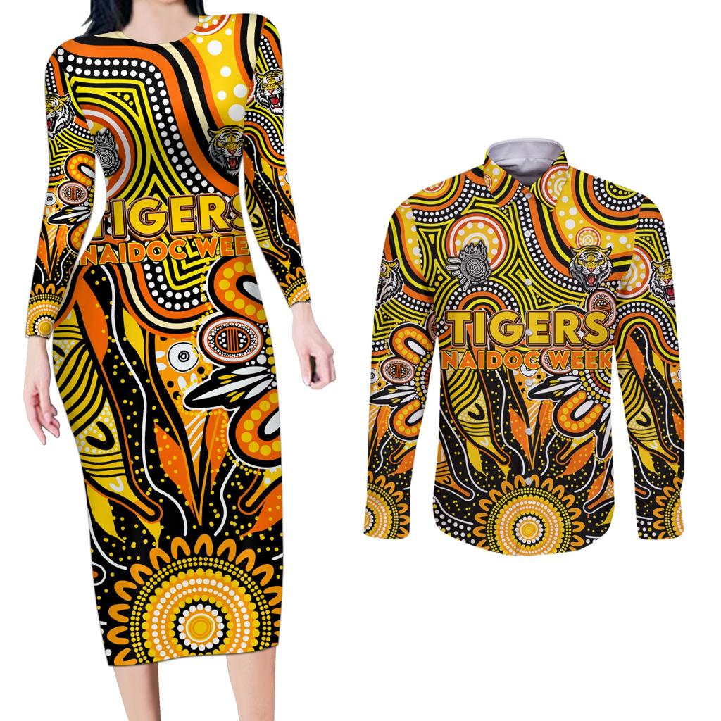 Personalised Tiger NAIDOC Week 2024 Couples Matching Long Sleeve Bodycon Dress and Long Sleeve Button Shirt Aussie Aboriginal Art