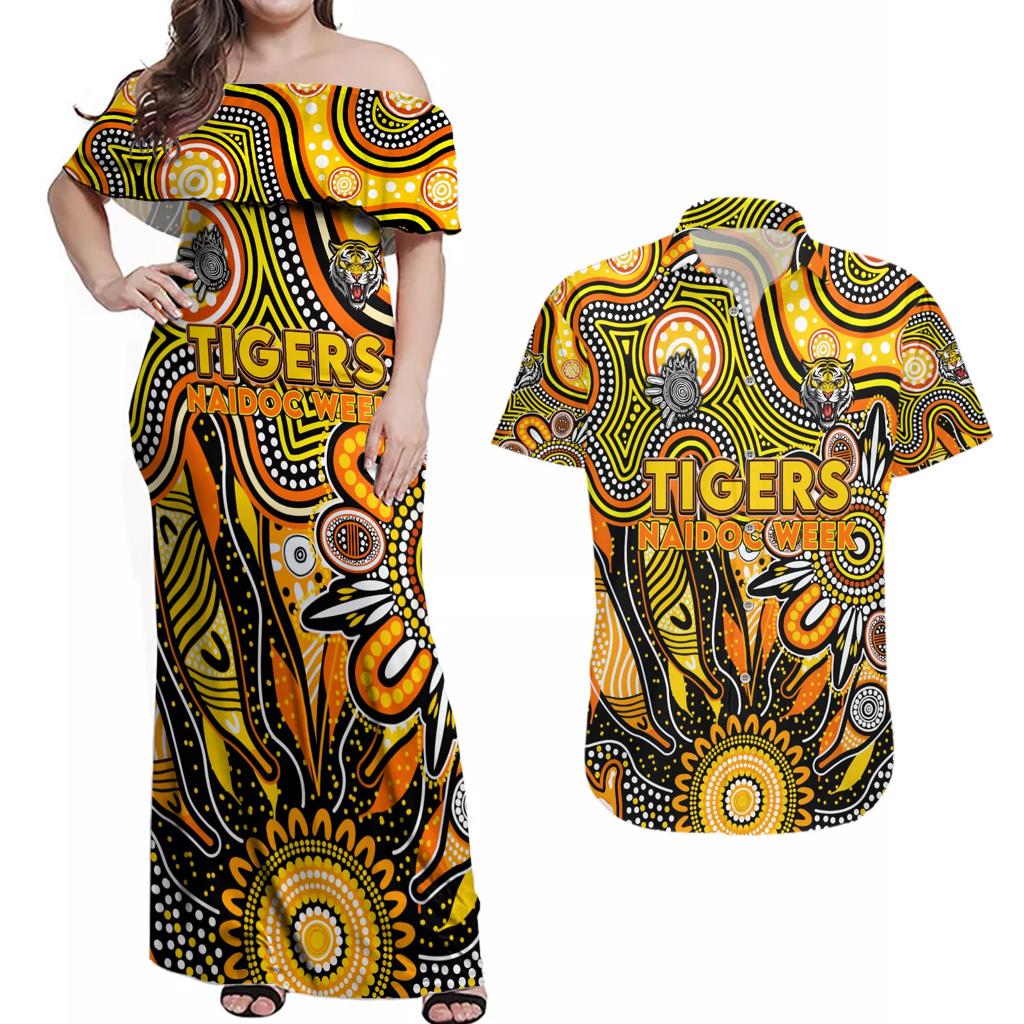Personalised Tiger NAIDOC Week 2024 Couples Matching Off Shoulder Maxi Dress and Hawaiian Shirt Aussie Aboriginal Art