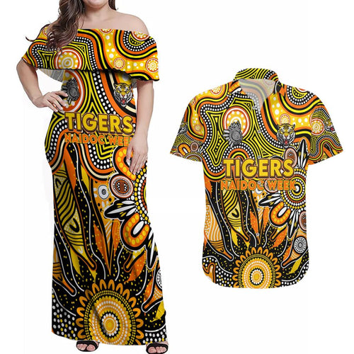 Personalised Tiger NAIDOC Week 2024 Couples Matching Off Shoulder Maxi Dress and Hawaiian Shirt Aussie Aboriginal Art