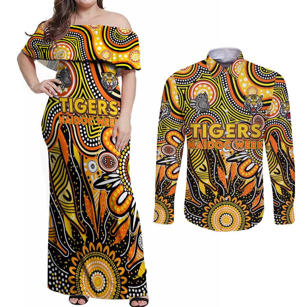 Personalised Tiger NAIDOC Week 2024 Couples Matching Off Shoulder Maxi Dress and Long Sleeve Button Shirt Aussie Aboriginal Art