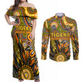 Personalised Tiger NAIDOC Week 2024 Couples Matching Off Shoulder Maxi Dress and Long Sleeve Button Shirt Aussie Aboriginal Art
