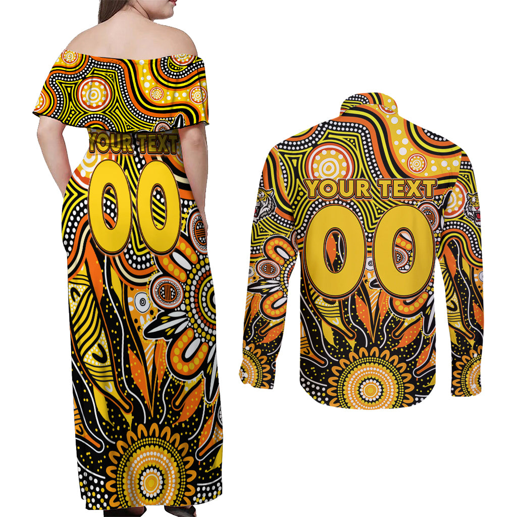 Personalised Tiger NAIDOC Week 2024 Couples Matching Off Shoulder Maxi Dress and Long Sleeve Button Shirt Aussie Aboriginal Art