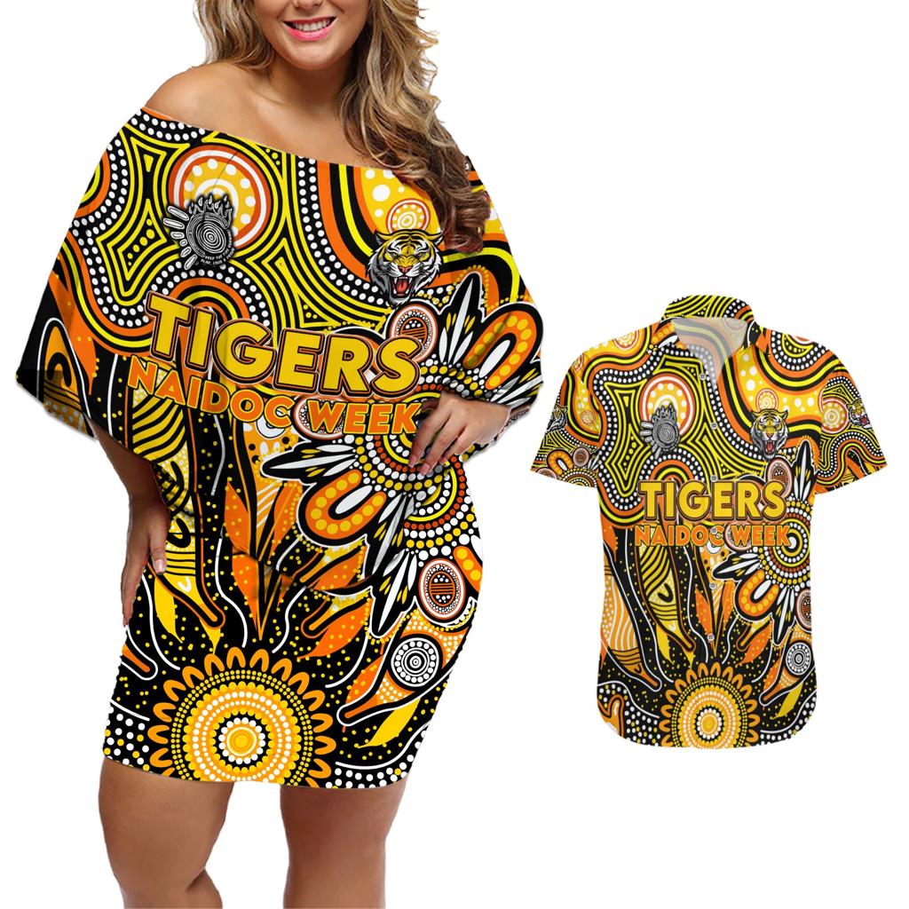 Personalised Tiger NAIDOC Week 2024 Couples Matching Off Shoulder Short Dress and Hawaiian Shirt Aussie Aboriginal Art