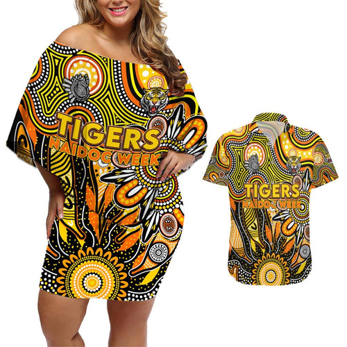 Personalised Tiger NAIDOC Week 2024 Couples Matching Off Shoulder Short Dress and Hawaiian Shirt Aussie Aboriginal Art
