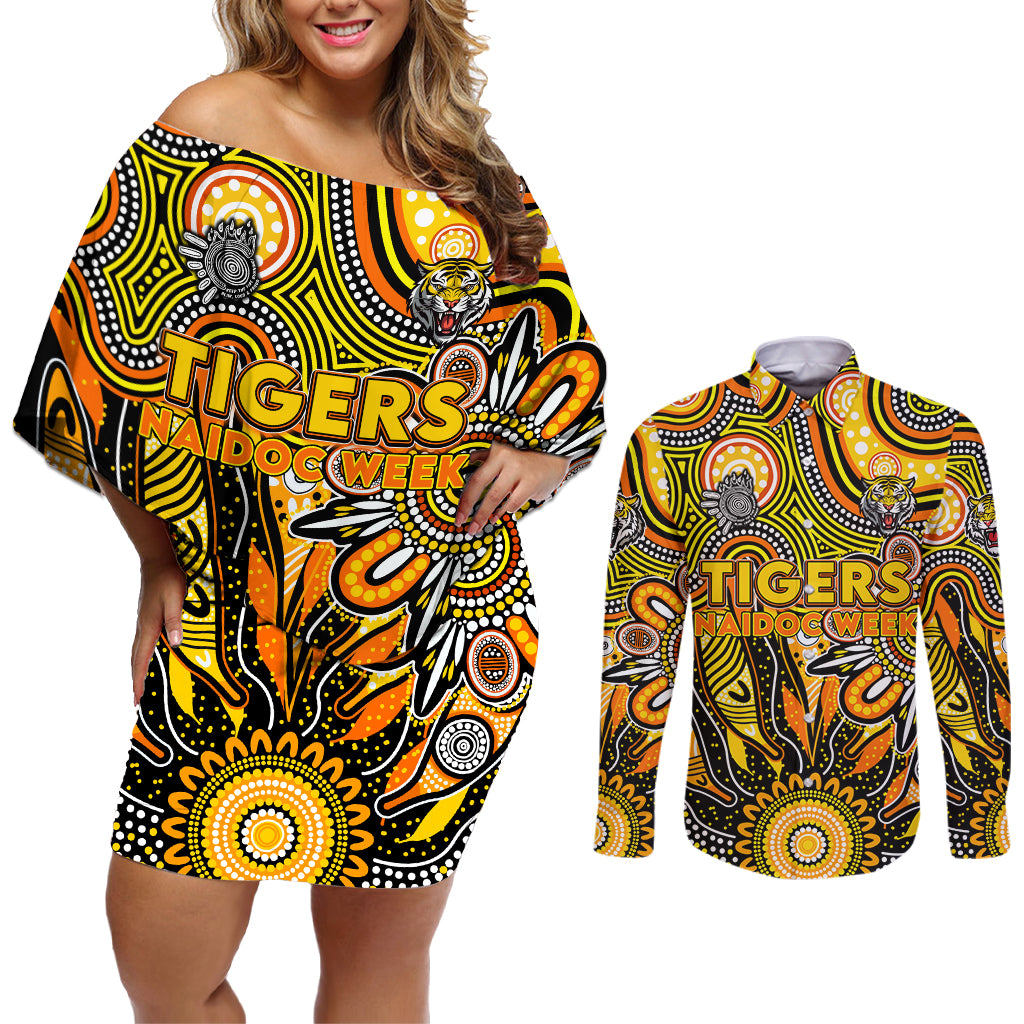 Personalised Tiger NAIDOC Week 2024 Couples Matching Off Shoulder Short Dress and Long Sleeve Button Shirt Aussie Aboriginal Art