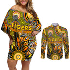 Personalised Tiger NAIDOC Week 2024 Couples Matching Off Shoulder Short Dress and Long Sleeve Button Shirt Aussie Aboriginal Art