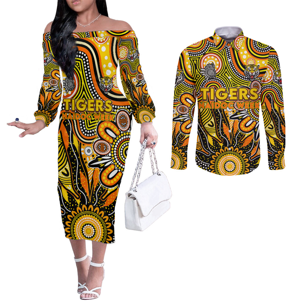 Personalised Tiger NAIDOC Week 2024 Couples Matching Off The Shoulder Long Sleeve Dress and Long Sleeve Button Shirt Aussie Aboriginal Art