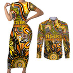 Personalised Tiger NAIDOC Week 2024 Couples Matching Short Sleeve Bodycon Dress and Long Sleeve Button Shirt Aussie Aboriginal Art
