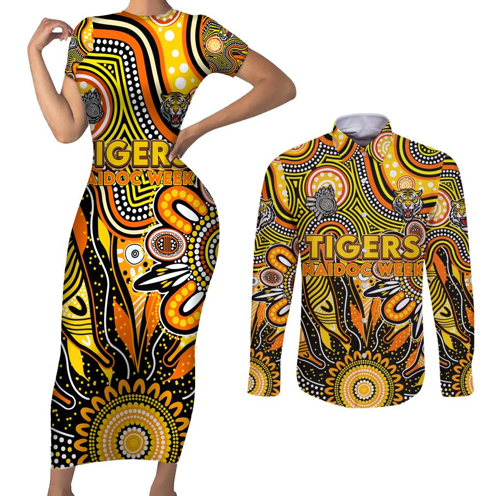 Personalised Tiger NAIDOC Week 2024 Couples Matching Short Sleeve Bodycon Dress and Long Sleeve Button Shirt Aussie Aboriginal Art