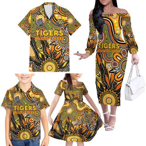 Personalised Tiger NAIDOC Week 2024 Family Matching Off The Shoulder Long Sleeve Dress and Hawaiian Shirt Aussie Aboriginal Art