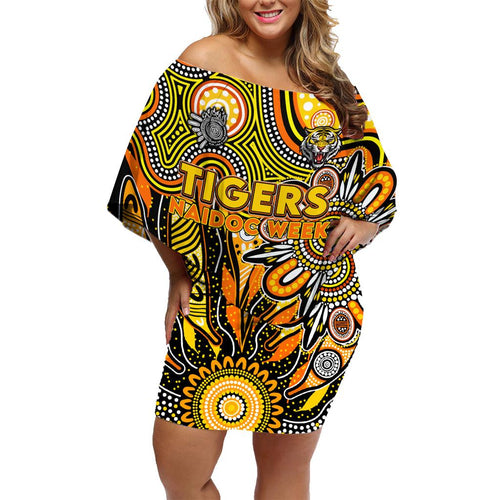 Personalised Tiger NAIDOC Week 2024 Family Matching Off Shoulder Short Dress and Hawaiian Shirt Aussie Aboriginal Art