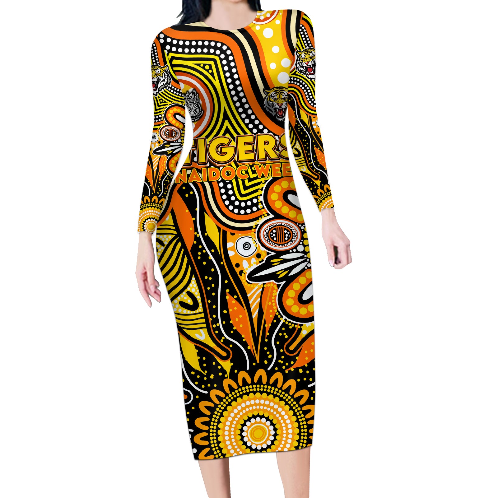 Personalised Tiger NAIDOC Week 2024 Long Sleeve Bodycon Dress Aussie Aboriginal Art