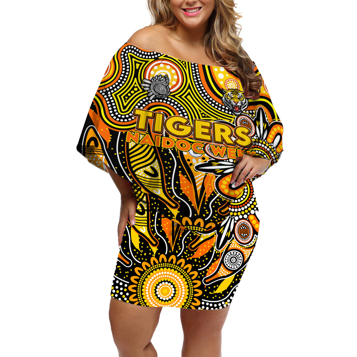 Personalised Tiger NAIDOC Week 2024 Off Shoulder Short Dress Aussie Aboriginal Art