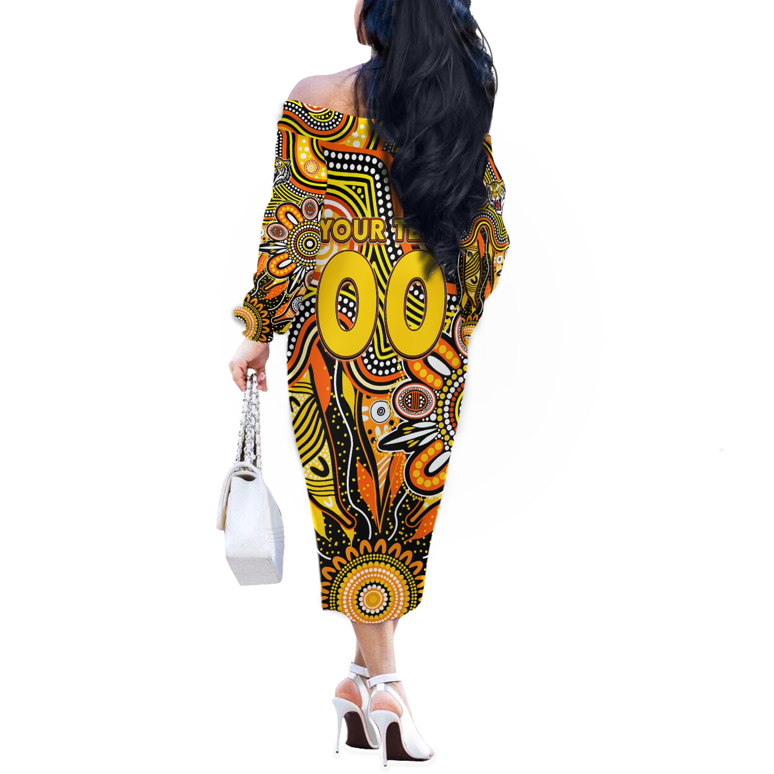 Personalised Tiger NAIDOC Week 2024 Off The Shoulder Long Sleeve Dress Aussie Aboriginal Art