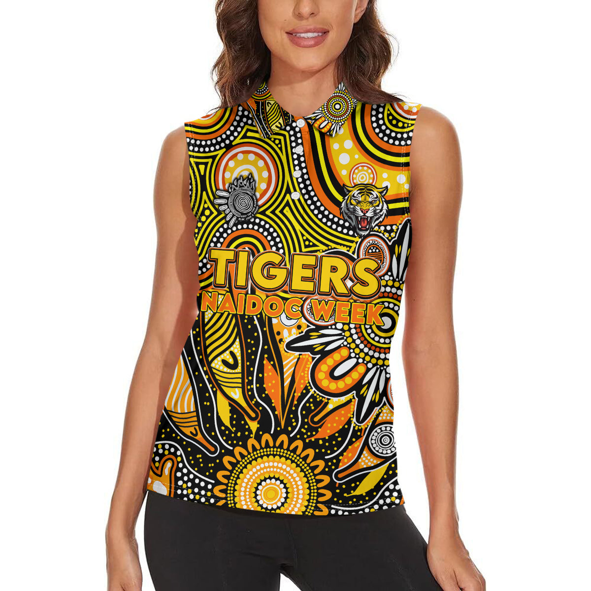 Personalised Tiger NAIDOC Week 2024 Women Sleeveless Polo Shirt Aussie Aboriginal Art