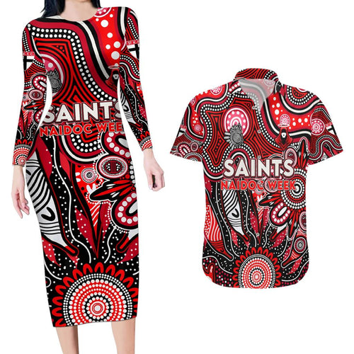 Personalised Saints NAIDOC Week 2024 Couples Matching Long Sleeve Bodycon Dress and Hawaiian Shirt Aussie Aboriginal Art