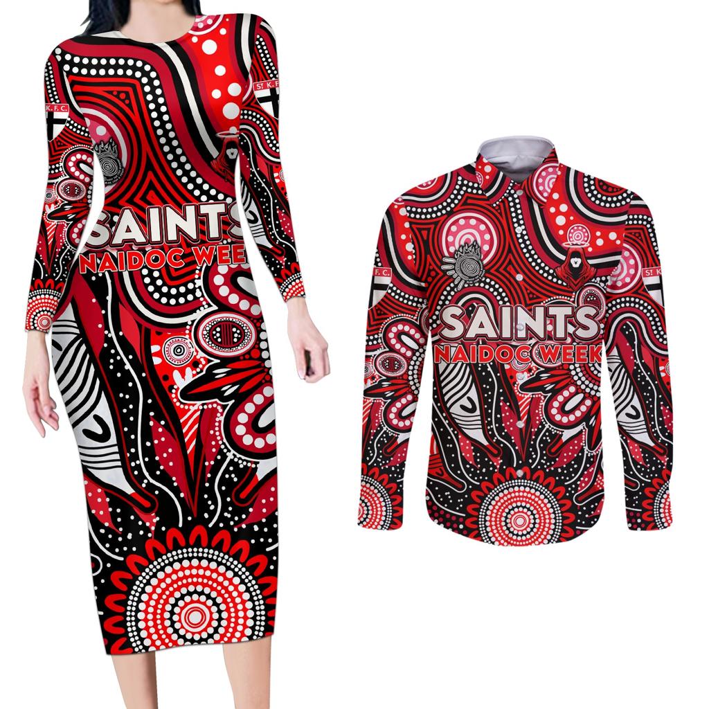 Personalised Saints NAIDOC Week 2024 Couples Matching Long Sleeve Bodycon Dress and Long Sleeve Button Shirt Aussie Aboriginal Art