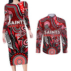 Personalised Saints NAIDOC Week 2024 Couples Matching Long Sleeve Bodycon Dress and Long Sleeve Button Shirt Aussie Aboriginal Art