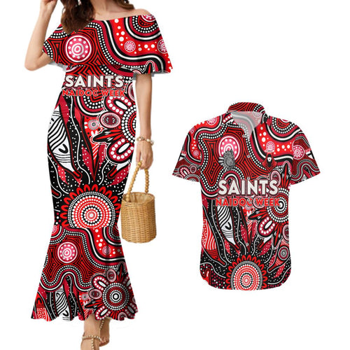 Personalised Saints NAIDOC Week 2024 Couples Matching Mermaid Dress and Hawaiian Shirt Aussie Aboriginal Art