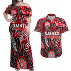 Personalised Saints NAIDOC Week 2024 Couples Matching Off Shoulder Maxi Dress and Hawaiian Shirt Aussie Aboriginal Art
