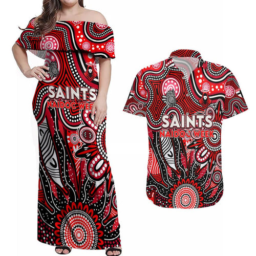Personalised Saints NAIDOC Week 2024 Couples Matching Off Shoulder Maxi Dress and Hawaiian Shirt Aussie Aboriginal Art