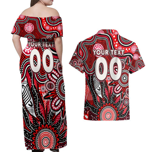 Personalised Saints NAIDOC Week 2024 Couples Matching Off Shoulder Maxi Dress and Hawaiian Shirt Aussie Aboriginal Art