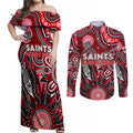 Personalised Saints NAIDOC Week 2024 Couples Matching Off Shoulder Maxi Dress and Long Sleeve Button Shirt Aussie Aboriginal Art