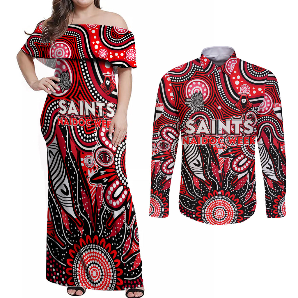 Personalised Saints NAIDOC Week 2024 Couples Matching Off Shoulder Maxi Dress and Long Sleeve Button Shirt Aussie Aboriginal Art