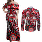 Personalised Saints NAIDOC Week 2024 Couples Matching Off Shoulder Maxi Dress and Long Sleeve Button Shirt Aussie Aboriginal Art
