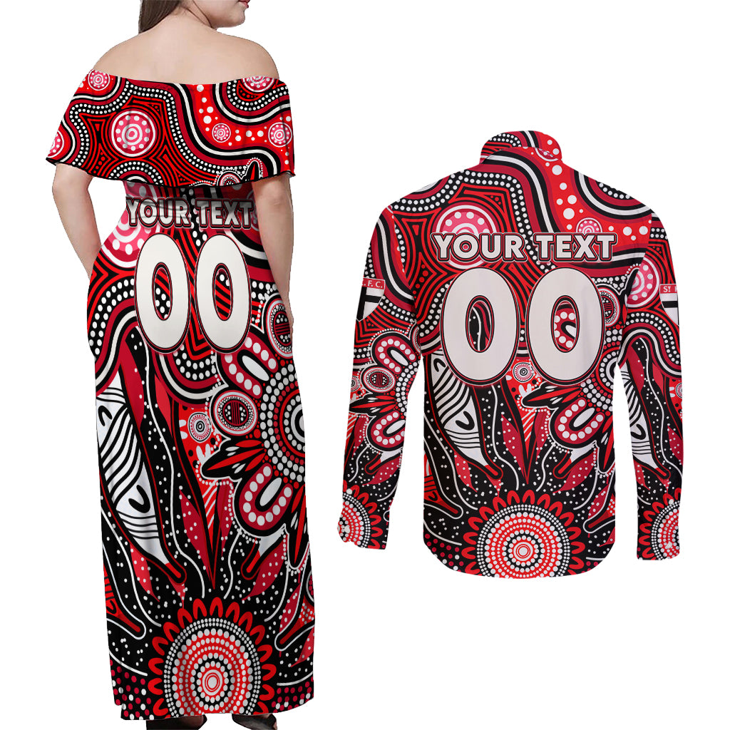 Personalised Saints NAIDOC Week 2024 Couples Matching Off Shoulder Maxi Dress and Long Sleeve Button Shirt Aussie Aboriginal Art