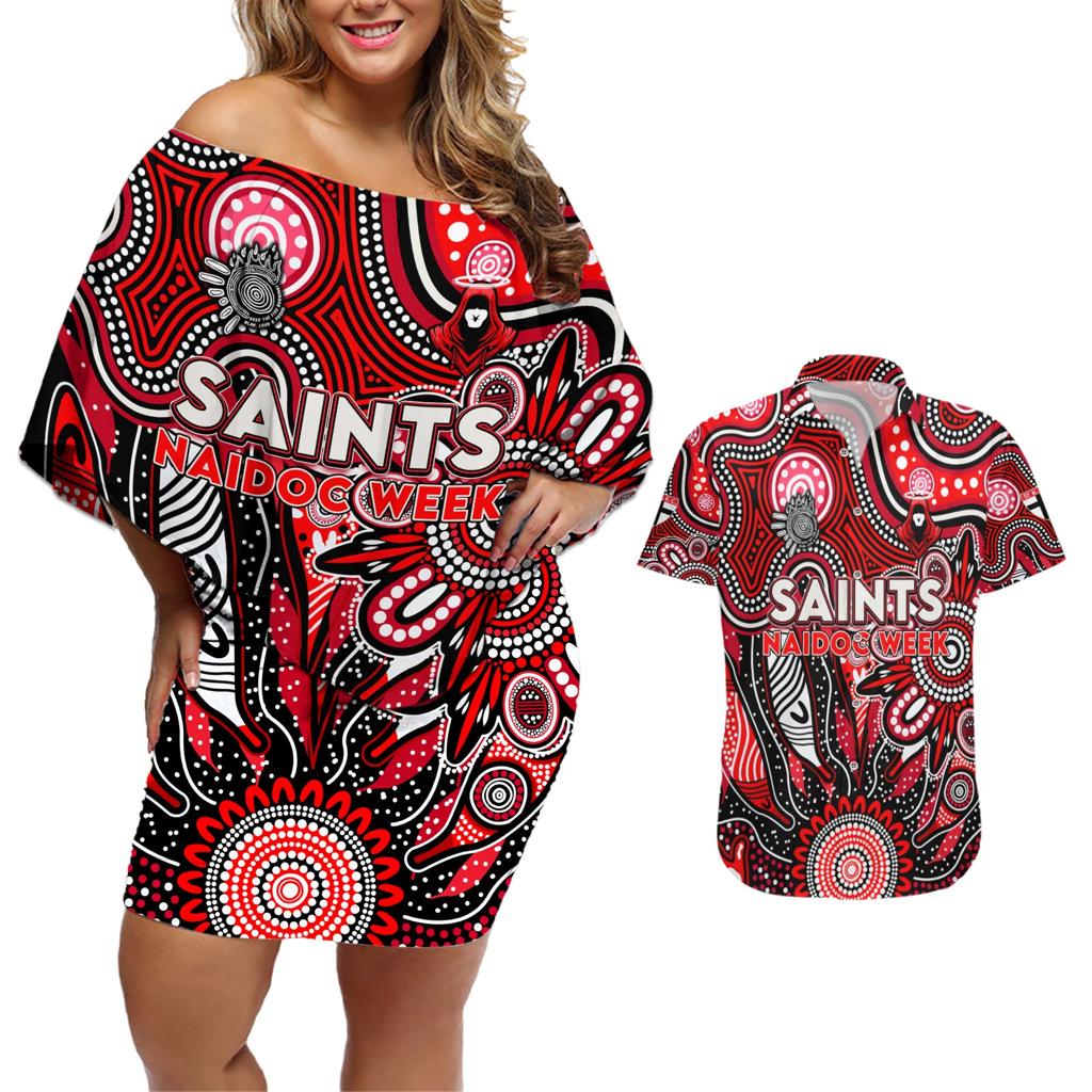 Personalised Saints NAIDOC Week 2024 Couples Matching Off Shoulder Short Dress and Hawaiian Shirt Aussie Aboriginal Art